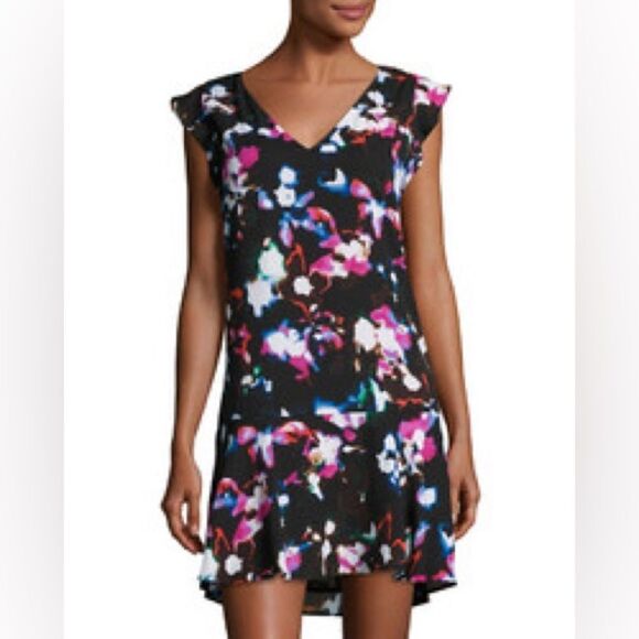 1. State Black Floral Print Smock Flutter Sleeve Ruffle Mini Dress Large Women - Picture 1 of 8